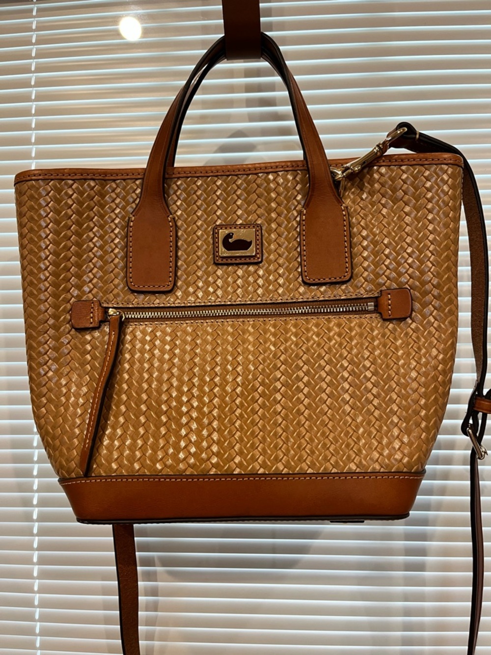 Dooney & Bourke Tan Woven Tote with Smooth Trim